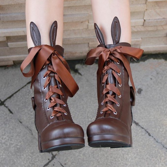 Kawaii Lolita Brown Bunny High Boots - Picture 1 of 8
